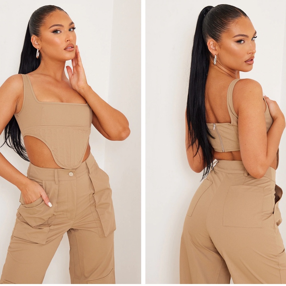 Pretty Little Thing Brown Twill Dip Hem Structured Cargo Corset